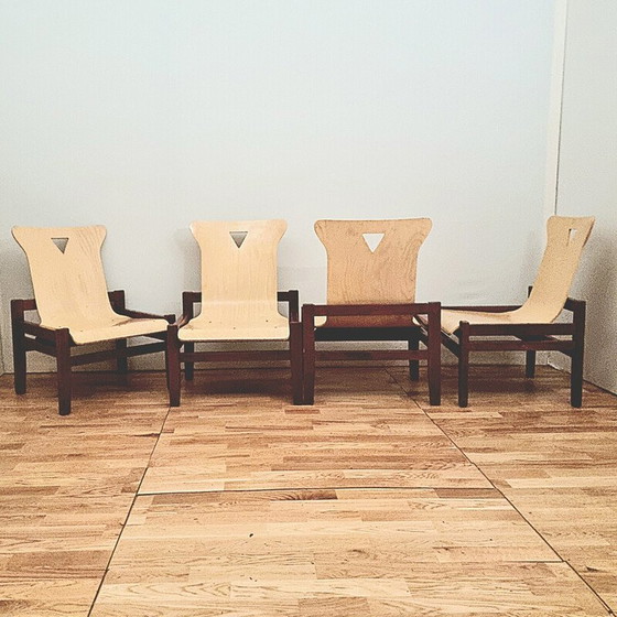 Image 1 of Suite van 4 vintage gebeitst hout en licht eikenhouten fauteuils, 1980
