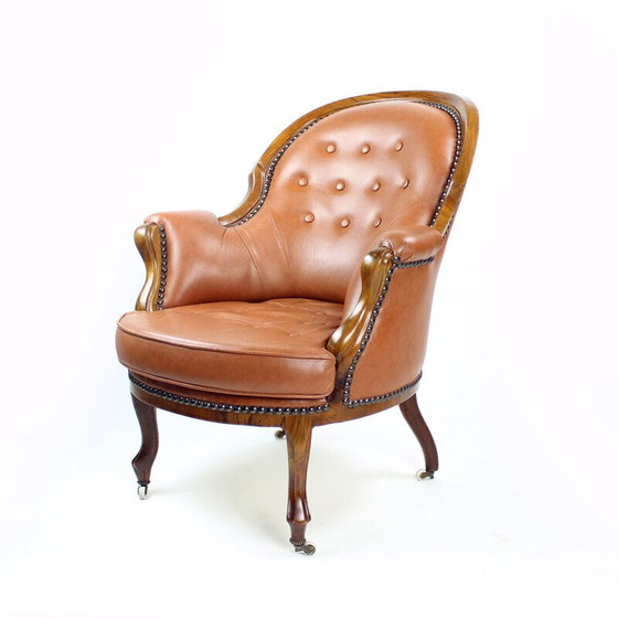 Image 1 of Vintage fauteuil in cognac en walnotenleer, Tsjecho-Slowakije 1940