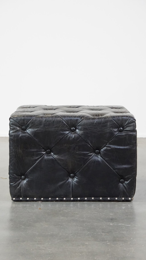 Grote Zwarte Vierkante Chesterfield Hocker