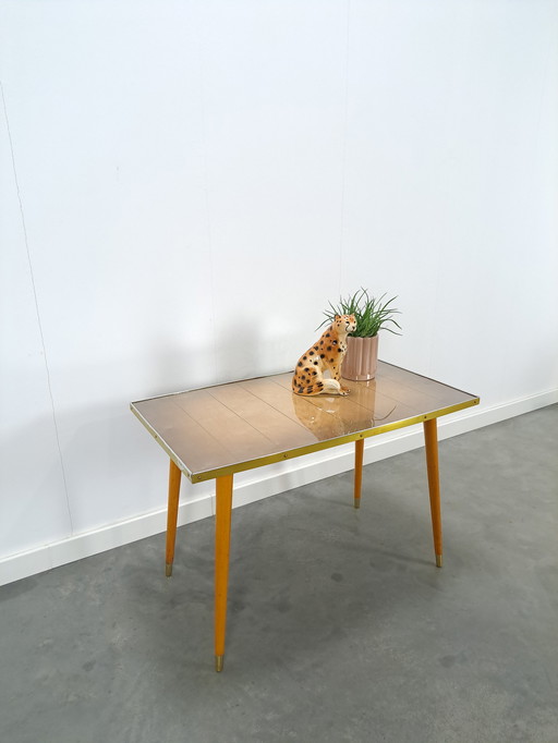 Koffie tafel hout met glazen blad vintage salontafel