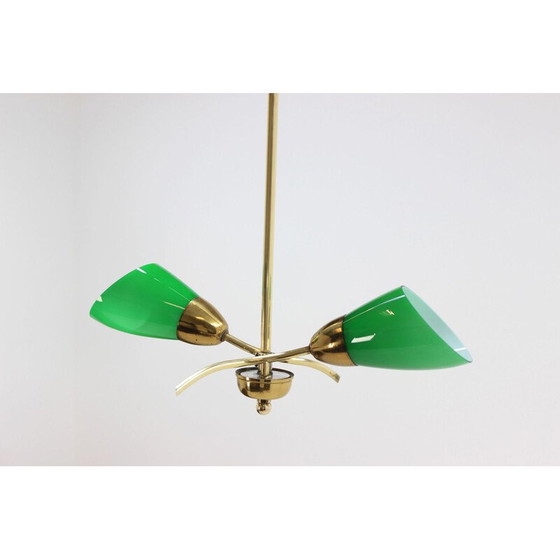 Image 1 of Vintage kroonluchter van messing en groen glas, Tsjecho-Slowakije