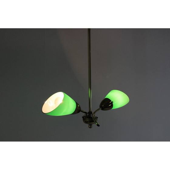 Image 1 of Vintage kroonluchter van messing en groen glas, Tsjecho-Slowakije
