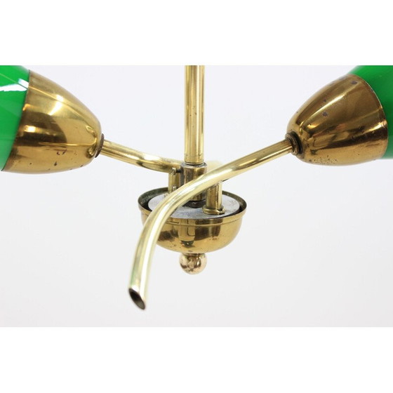 Image 1 of Vintage kroonluchter van messing en groen glas, Tsjecho-Slowakije