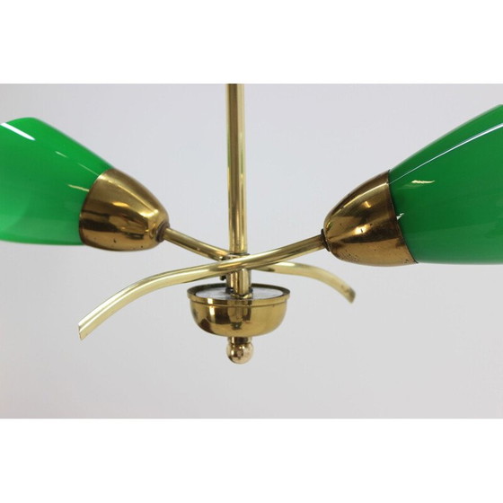 Image 1 of Vintage kroonluchter van messing en groen glas, Tsjecho-Slowakije