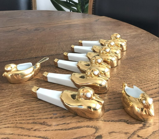 Robj Art Deco Messenhouder Set Van 6 Zoomorphic En Paar Van Saleron, Originele Doos, Wit En Goud Porselein Eend Robj Pa