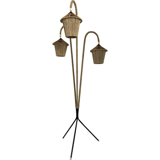Vintage driepoot vloerlamp van metaal en touw