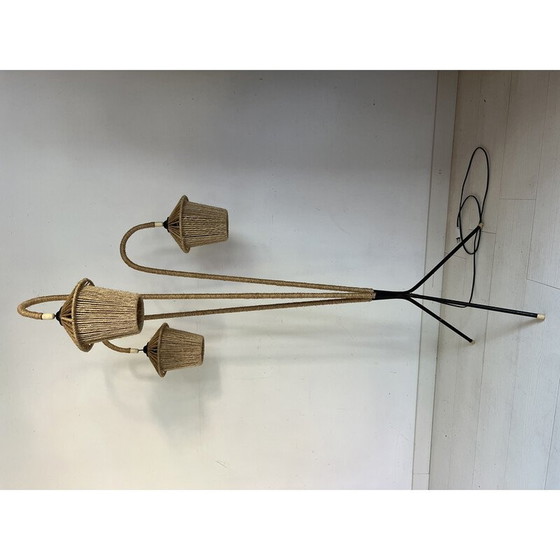 Image 1 of Vintage driepoot vloerlamp van metaal en touw