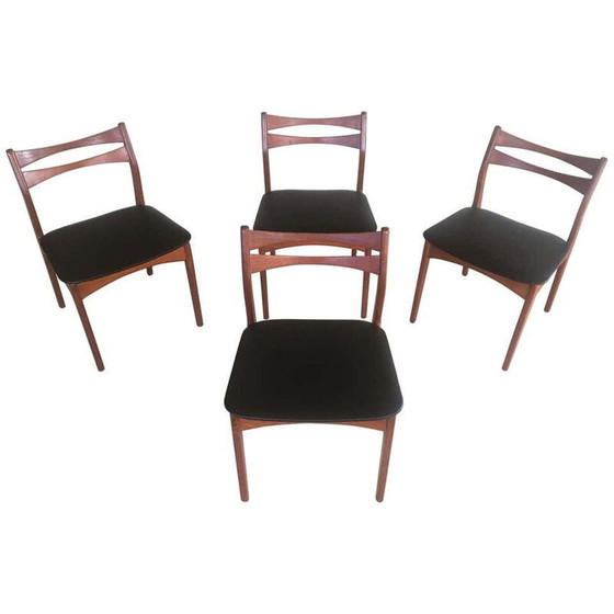 Image 1 of Set van 4 vintage teakhouten eetkamerstoelen opnieuw bekleed in zwart kunstleer Deens 1960