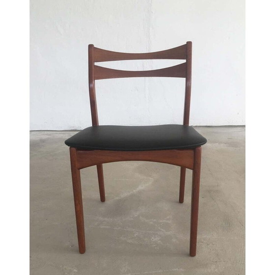 Image 1 of Set van 4 vintage teakhouten eetkamerstoelen opnieuw bekleed in zwart kunstleer Deens 1960