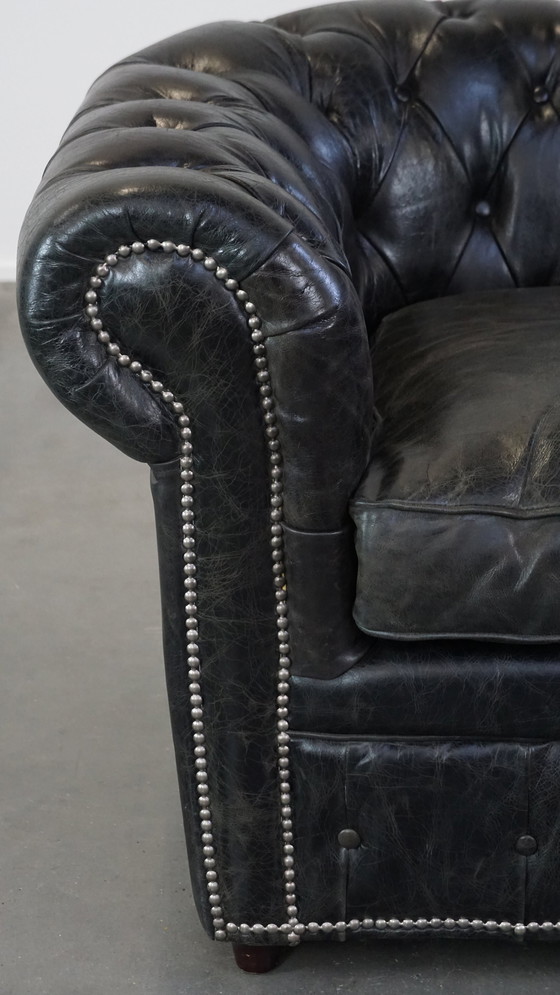 Image 1 of Zwarte Rundleren Chesterfield Fauteuil