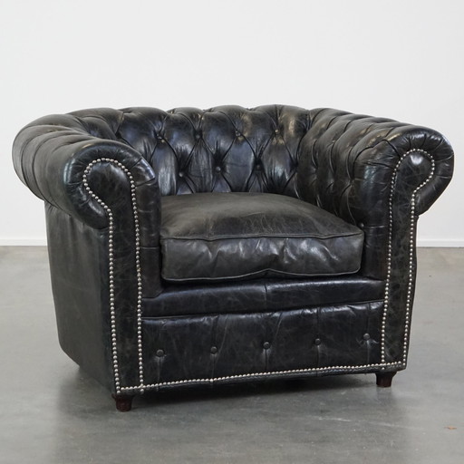 Zwarte Rundleren Chesterfield Fauteuil