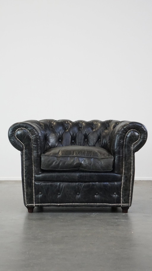 Zwarte Rundleren Chesterfield Fauteuil