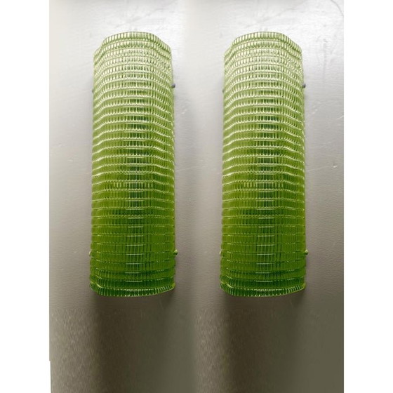 Image 1 of Set van twee diamanten groene rechthoekige wandlampen van Murano glas