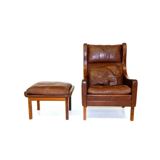 Image 1 of Vintage leren en palissander fauteuil met voetsteun, Denemarken 1960