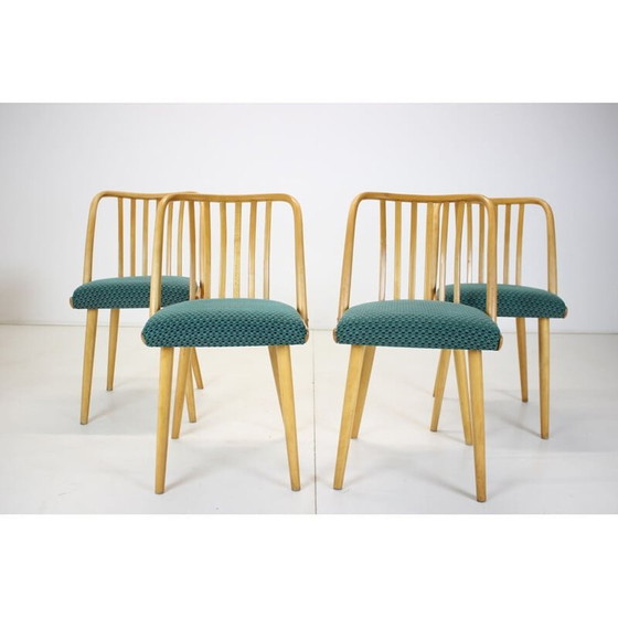Image 1 of Set van 4 vintage houten en stoffen eetkamerstoelen van Antonin Suman, Tsjecho-Slowakije 1960