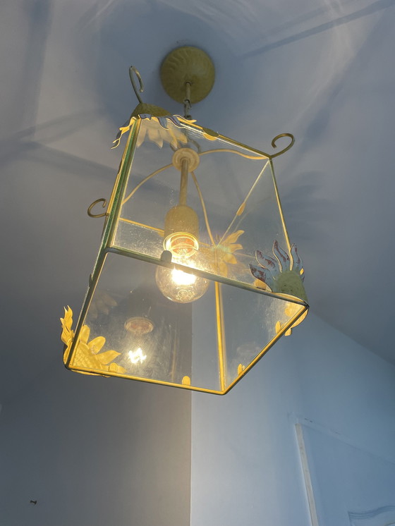 Image 1 of Vintage Geëmailleerd Plaatstalen Hanglamp Italiaans Design Zonnebloemen