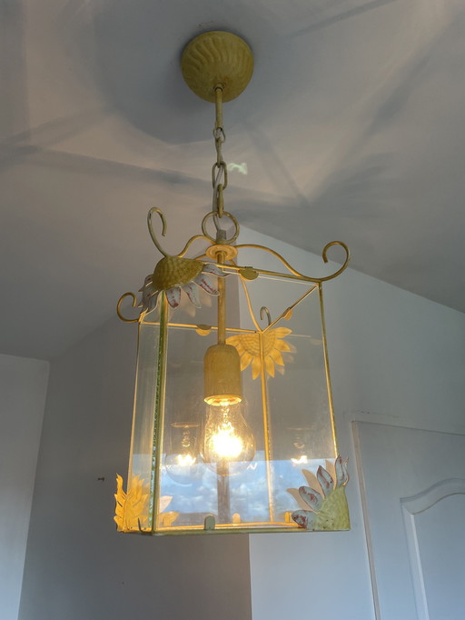 Vintage Geëmailleerd Plaatstalen Hanglamp Italiaans Design Zonnebloemen