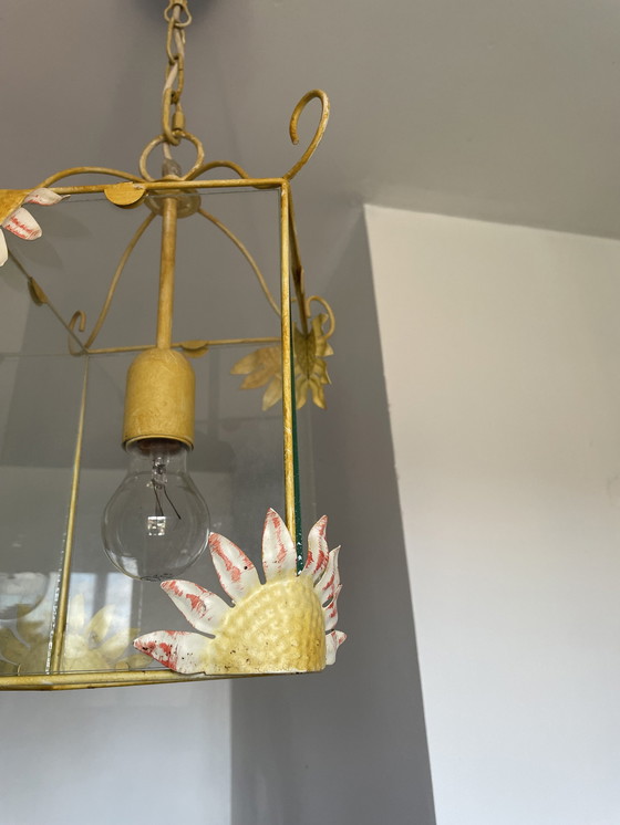 Image 1 of Vintage Geëmailleerd Plaatstalen Hanglamp Italiaans Design Zonnebloemen