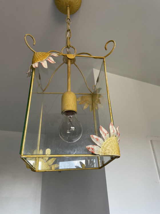 Image 1 of Vintage Geëmailleerd Plaatstalen Hanglamp Italiaans Design Zonnebloemen