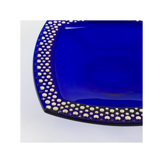 Image 1 of Vintage kobaltblauwe glazen kom met gouden reliëf decoratie, 1960