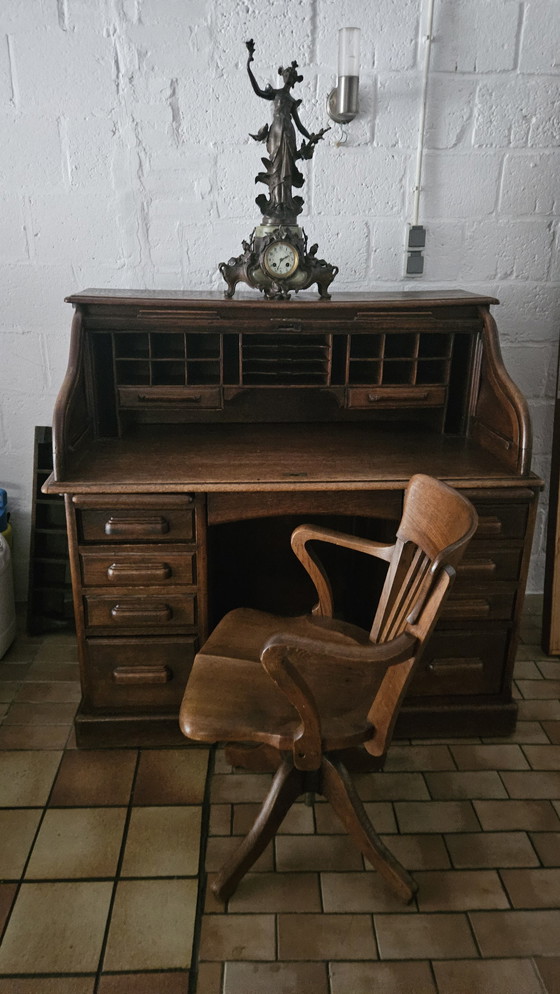 Image 1 of 2-Delige Antieke Secretaire / Bureauset - Stoel En Tweeledig Bureau