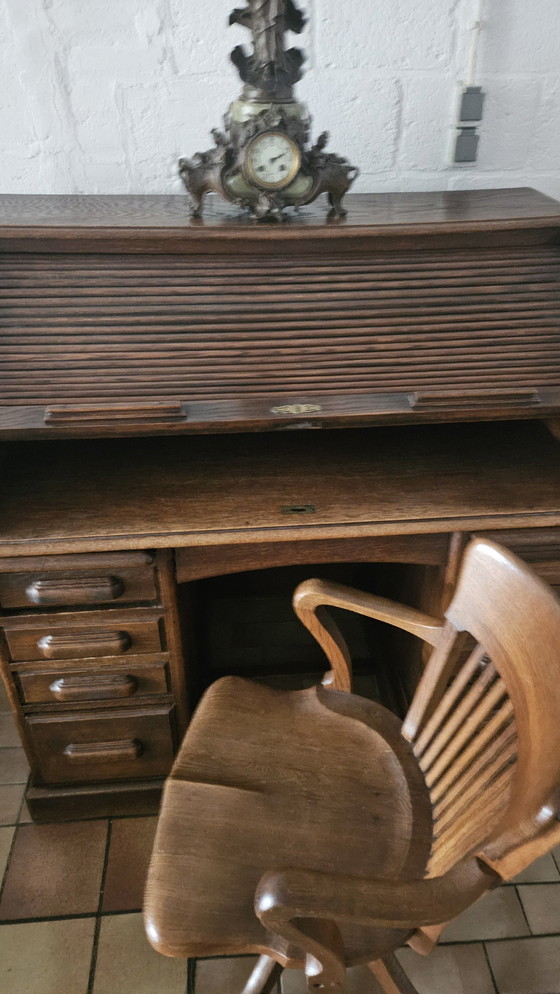 Image 1 of 2-Delige Antieke Secretaire / Bureauset - Stoel En Tweeledig Bureau