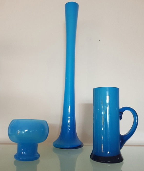 Image 1 of 3X Mid Century Blauwe Vazen Van Friedrich Glas, 1960S