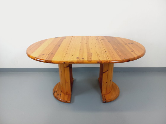Image 1 of Vintage Scandinavische ronde grenen eettafel jaren 60-70 met verlengstukken