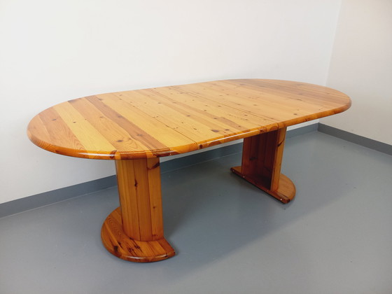 Image 1 of Vintage Scandinavische ronde grenen eettafel jaren 60-70 met verlengstukken