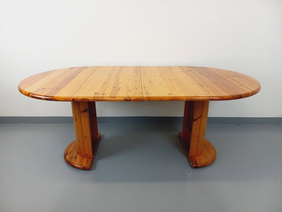 Image 1 of Vintage Scandinavische ronde grenen eettafel jaren 60-70 met verlengstukken