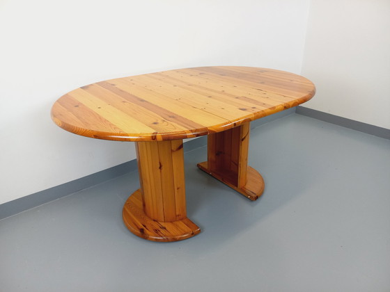 Image 1 of Vintage Scandinavische ronde grenen eettafel jaren 60-70 met verlengstukken