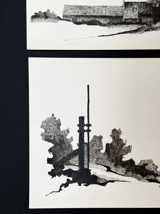 Image 1 of Echo's van het landschap (2 kunstwerken) Inkt, 1977 - Eugène Eechaut (1928-2019)