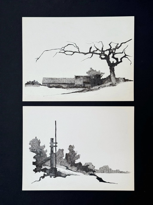 Echo's van het landschap (2 kunstwerken) Inkt, 1977 - Eugène Eechaut (1928-2019)