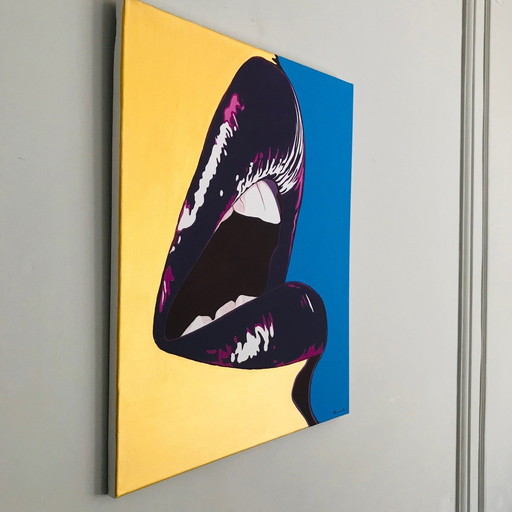 Schilderij - Tim Tilman - Gouden vrouw met mooie lippen - Pop Art - 2022