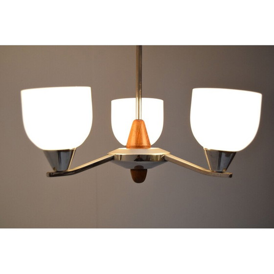 Image 1 of Vintage kroonluchter glas chroom, hout door Lidokov, Tsjecho-Slowakije 1970