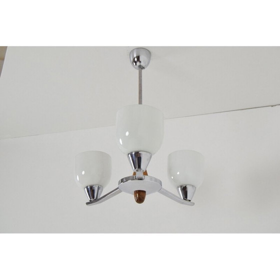 Image 1 of Vintage kroonluchter glas chroom, hout door Lidokov, Tsjecho-Slowakije 1970