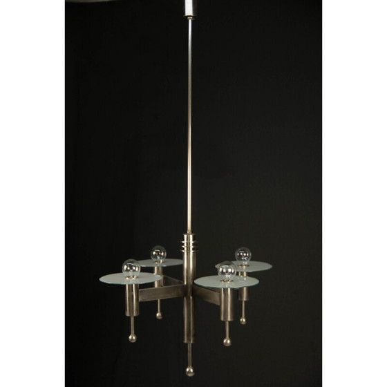 Image 1 of Vintage vernikkelde art deco of bauhaus kroonluchter met 4 vlammen, 1920