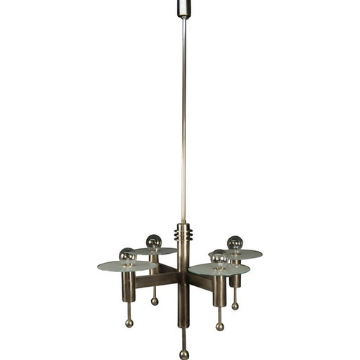 Vintage vernikkelde art deco of bauhaus kroonluchter met 4 vlammen, 1920