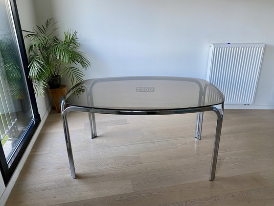 Image 1 of Vintage Space Age Eettafel Met Chrome Buisframe & Rookglas