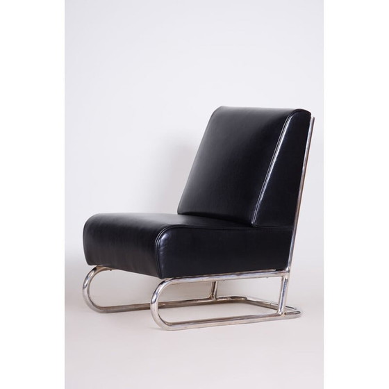 Image 1 of Vintage zwart leren fauteuil, Tsjecho-Slowakije jaren 1930