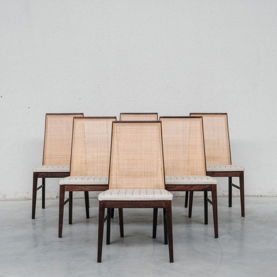 Image 1 of Set van 6 vintage rotan en essenhouten eetkamerstoelen, Denemarken 1980
