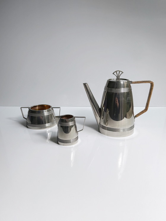 Image 1 of Art Deco Koffie Set Service 30er 1930 Verzilverd Metaal Hotel Zilveren Kan Suikermelk