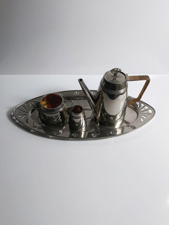 Image 1 of Art Deco Koffie Set Service 30er 1930 Verzilverd Metaal Hotel Zilveren Kan Suikermelk