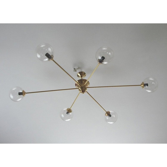 Image 1 of Vitange kroonluchter, messing en glas 1960