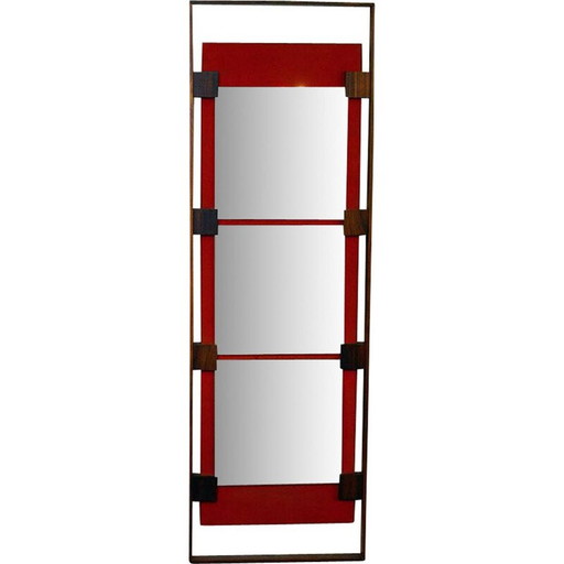 Vintage wandspiegel in rozenhout en rood fluweel van Ico Parisi voor Stildomus 1960
