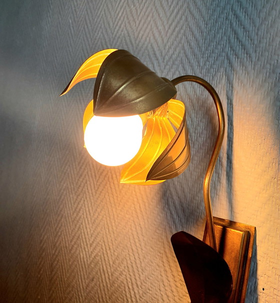 Image 1 of Wandlamp Bloem in verguld messing Stijl Jansen 1960