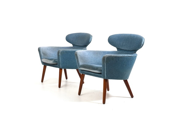 Image 1 of Zeldzaam paar Deense fauteuils in teak en mohair 1950S