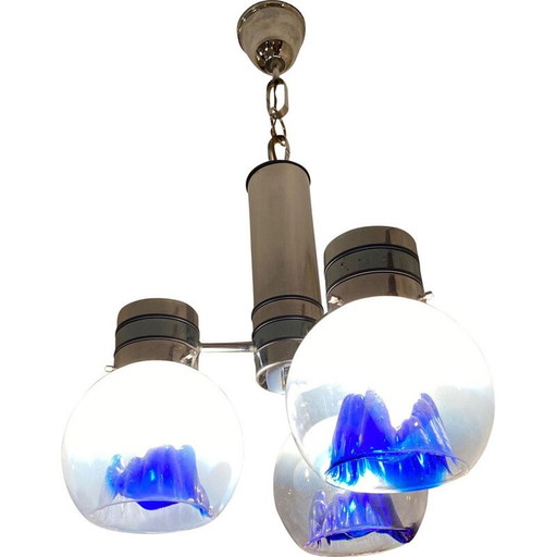 Vintage hanglamp met 3 blauwe bollen van Toni Zuccheri, 1970