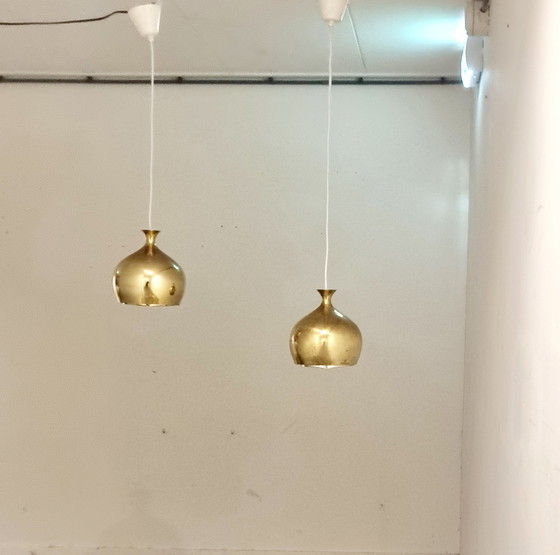 Image 1 of Set Van Twee Elegante Messing Hanglampen Löken Van Helge Zimdal Voor Falkenbergs Zweden 1960.