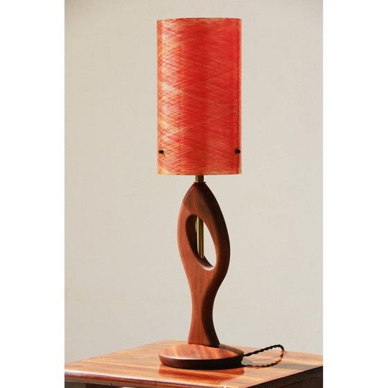 Image 1 of Vintage tafellamp van teakhout en rood glasvezel, 1960